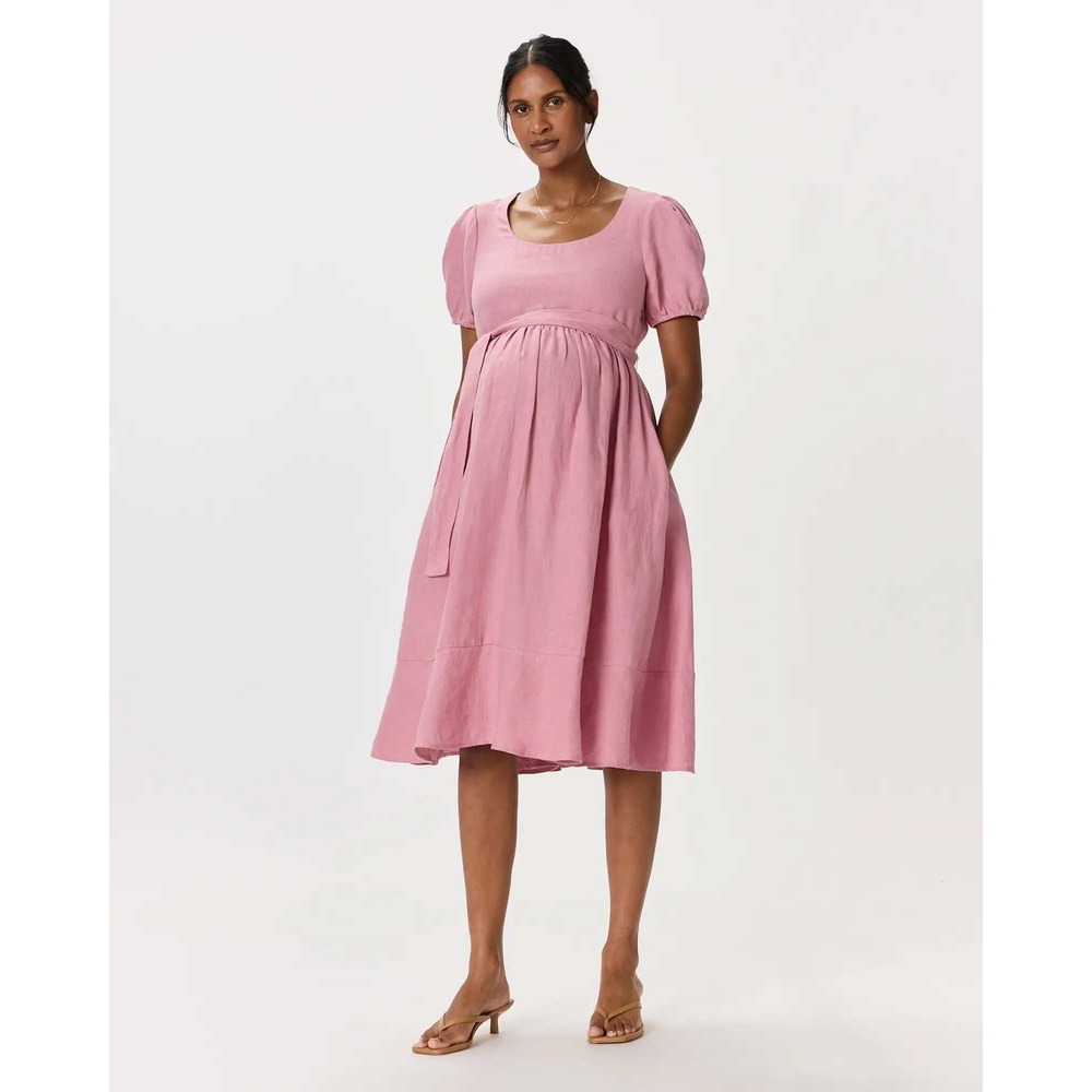 Quince Linen Maternity Short Sleeve Dress Mauve Mist Pink Size Medium NWT